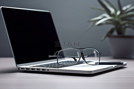 桌上放着一台打开的笔记本电脑，戴着一副眼镜