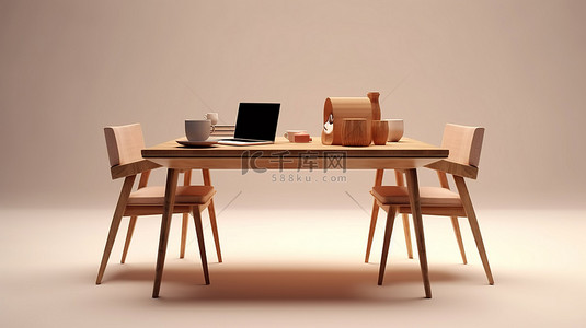计算机插图背景图片_家庭办公室设置双木椅和桌子与笔记本电脑的 3D 插图