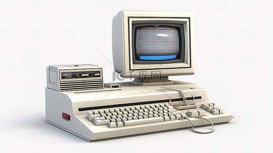 电脑老式桌面背景图片_白色背景上系统单元监视器键盘和鼠标的老式 PC 3D 渲染