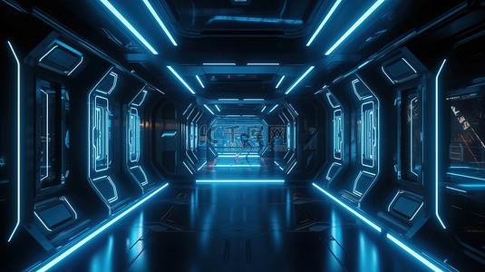深色背景中插图科幻场景充满活力的蓝色霓虹飞船走廊