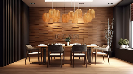 用木地板和装饰镶板渲染的优雅餐厅 3D