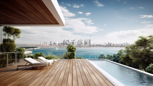 夏季游泳池背景图片_白宫的 3D 渲染，配有木制露台和简约的游泳池，俯瞰城市和大海