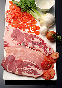 板板肉背景图片_一盘肉蔬菜和各种烹饪工具