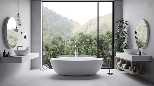 极简主义的斯堪的纳维亚浴室，在 3D 渲染中享有令人惊叹的自然景观