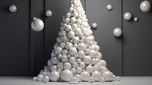松枝圣诞球背景图片_圣诞树形墙背景与白色珍珠球体 3d 渲染