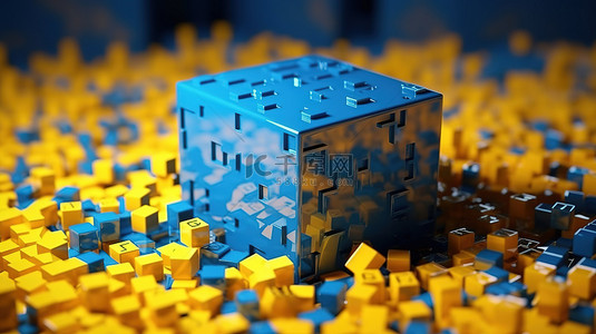 科技立方体背景图片_抽象蓝色高科技立方体，带有黄色问号，代表 3D 渲染中的问题解决和常见问题解答概念
