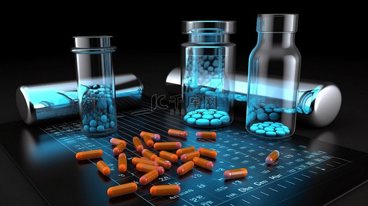 用于药物应用的健康内容药瓶和片剂图表的 3D 渲染