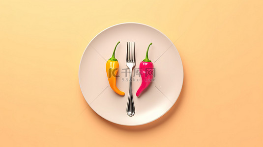 粉红色背景 3D 渲染上带有红色和黄色辣椒的盘子的顶部视图，并配有叉子和刀子