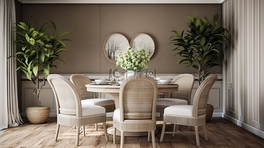 家居室内装饰背景图片_餐厅设计中配有柳条家具的汉普顿风格家居室内装饰的 3D 渲染插图