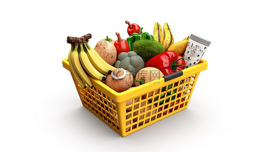 蔬菜篮背景图片_各种杂货以白色 3D 渲染展示，放置在塑料购物篮内