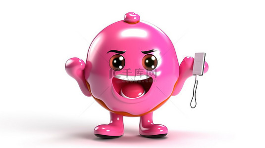 电池包背景图片_白色背景上带有可充电电池的大釉面草莓粉色甜甜圈的 3D 渲染人物吉祥物