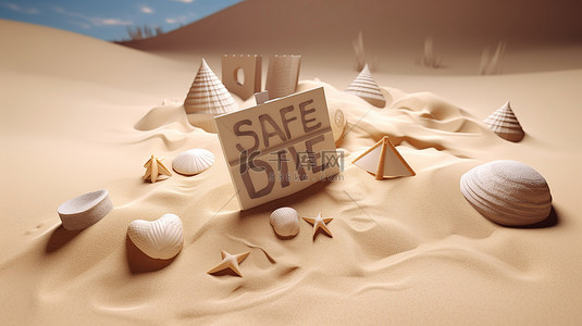 暑假促销背景图片_海滩主题 3D 夏季销售横幅，以沙子和海洋元素为特色