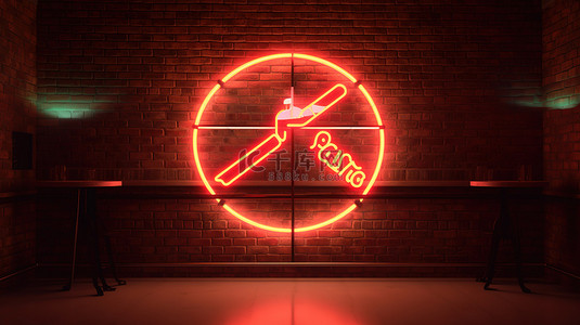椭圆形霓虹灯框架中砖墙披萨标志的 3D 渲染