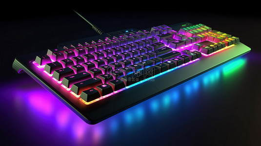 RGB 背光游戏键盘和 3D 渲染 PC 游戏空间