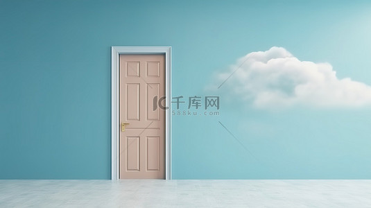 蓝云背景下空房间门口的 3D 渲染