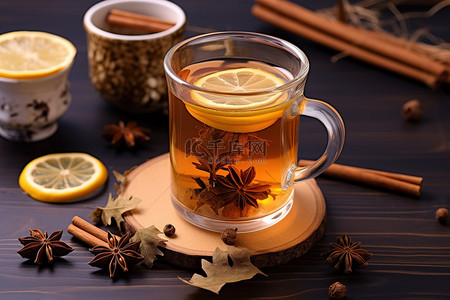 星空柠檬茶背景图片_一个透明玻璃杯，里面装有蜂蜜茶肉桂棒柠檬和香料