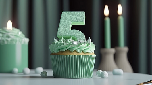 祝福蜡烛背景图片_75 岁生日派对纸杯蛋糕薄荷绿逼真 3D 图像