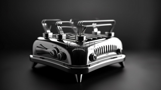 古董华夫饼铁烤面包机采用单色复古风格 3D 前视图渲染复古厨房用具