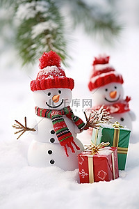 雪人带着礼物和圣诞礼物在雪中