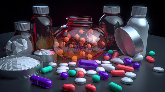 先进的 3D 抗病毒药物，用于有效治疗疾病，收集药丸盾和药瓶