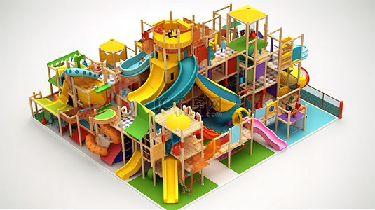白色背景 3D 现代儿童游戏中心的上方视图，带图片集