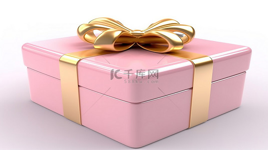 白色背景的 3D 渲染，带有装饰粉色礼品盒的金色丝带