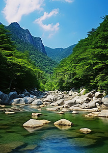流淌水背景图片_沿着有岩石的森林山脉流淌的河流