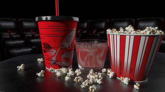 恐怖电影背景图片_影院体验 3D 电影卷轴，剧院座位上配有茶点