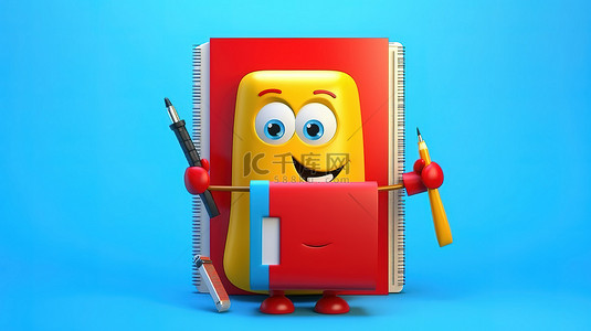 红色信纸背景图片_蓝色书吉祥物的 3D 渲染，在充满活力的黄色背景上拿着红色剪贴板铅笔和纸