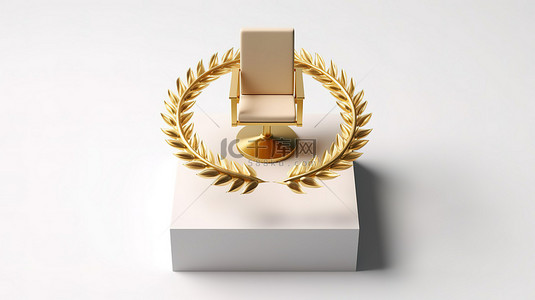 胜利奖杯一个金色的立方体，上面有月桂花环，放置在讲台或基座上，旁边是豪华的金色老板办公椅 3D 渲染