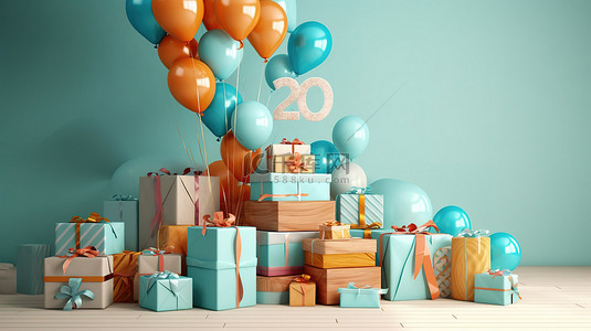 生日快乐礼物盒背景图片_用气球和礼物庆祝 20 岁生日的节日 3D 渲染