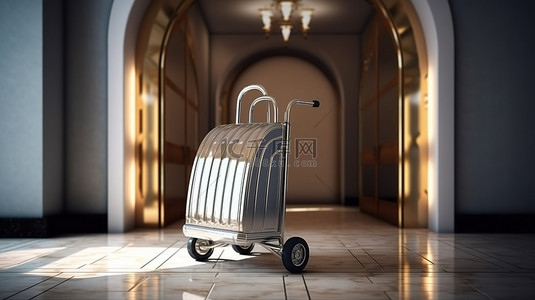 旅游酒店背景图片_豪华酒店房间门外空着的银色酒店行李车的特写 3D 渲染