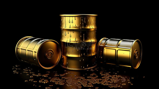 三个图背景图片_金色美元符号在 3d 渲染中的三个亮黄色油桶旁边发光