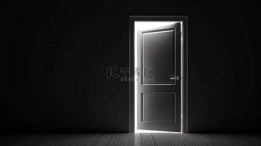 光线穿过黑色敞开的门进入黑暗房间的真实 3D 渲染