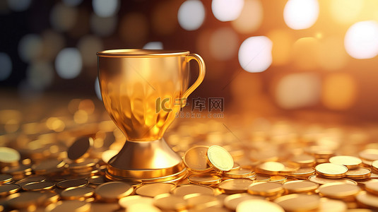 胜利的杯子里装满了硬币，这是成功的加密货币交易和在线赌场赢得 3D 渲染的象征