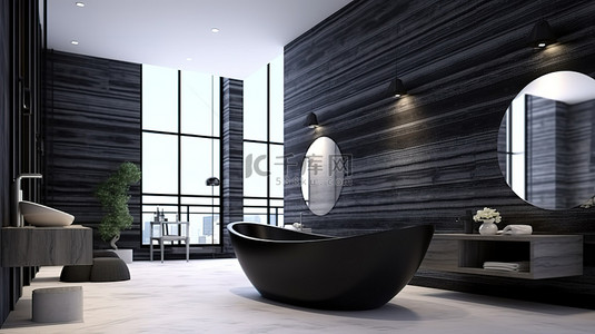 优雅的浴室设计，配有黑色大理石和白色水泥 3D 渲染