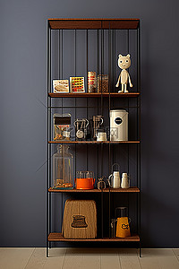现代蓝色背景图片_棕色的木架子，旁边有一个厨具