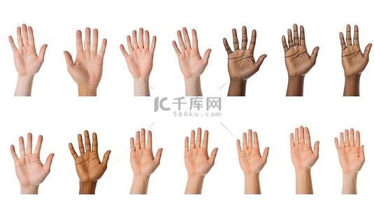 各种手势背景图片_卡通手在白色背景上显示各种 3D 手势，一组渲染插图