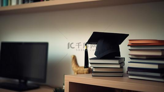 虚拟学习 3D 显示器和毕业帽放在架子上，配有数字教育
