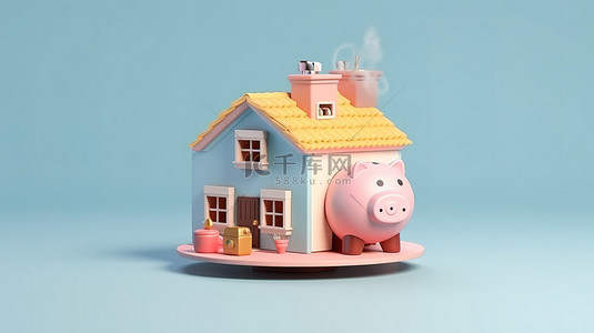 家庭甜蜜储蓄 3D 插图房屋内的存钱罐房地产横幅背景
