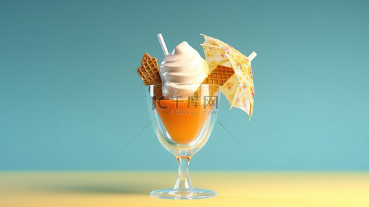 冰淇淋圣代背景图片_带有节日伞的玻璃杯中冰淇淋圣代的 3D 插图