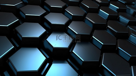几何线条黑背景图片_未来技术概念抽象六边形背景在 3D 插图中与碳细胞和几何图案