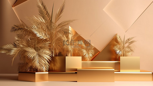 品牌展示背景图片_金色讲台上有棕榈树叶的几何工作室，用于品牌推广