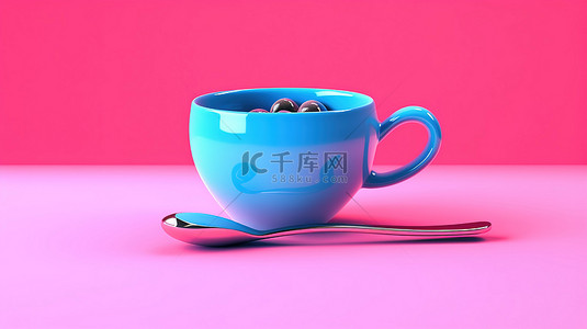 法定假日及双休背景图片_粉红色背景与双色调蓝色咖啡杯和勺子 3d 渲染