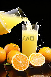 将一杯橙汁倒在橙片上