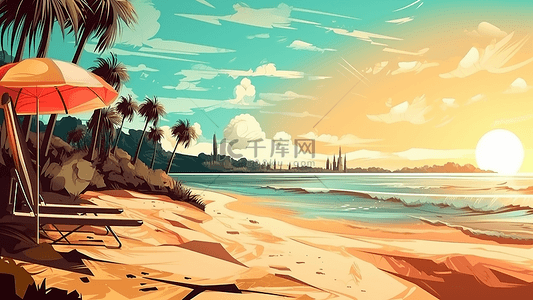 沙滩太阳伞背景图片_旅游沙滩海边背景插画