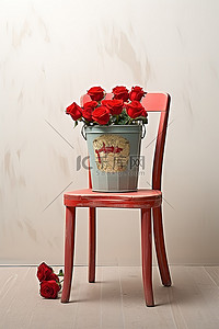 一个红色花瓶，上面有玫瑰，坐在塑料椅子上