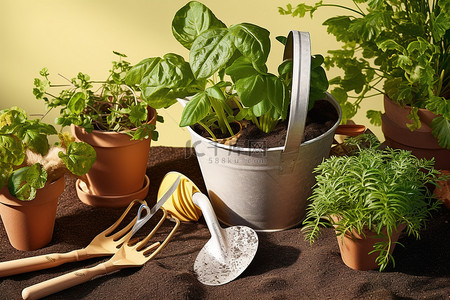 水桶工具背景图片_植物种植工具和浇水桶
