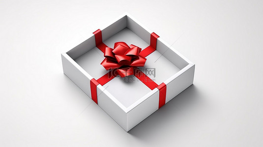 未包装的空礼物盒顶视图，白色礼品盒的顶部视图，带有红丝带和蝴蝶结，在 3D 渲染中隔离在白色背景上