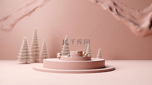 金色展台背景背景图片_3D 渲染的最小圣诞节场景，以树木和讲台平台为特色